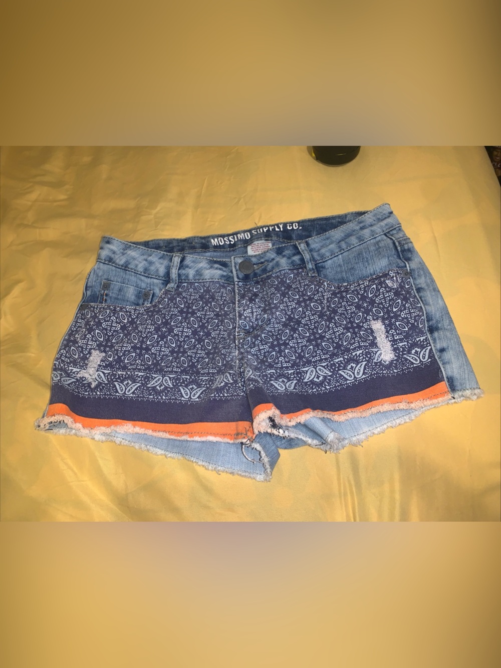 Mossimo Supply Co. Blue Denim Bandana Print Cutoff Shorts with Orange Trim